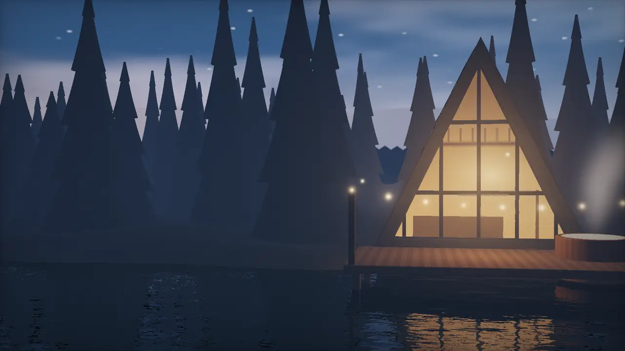 Kivilágított üveghomlokzatú A-frame faház tóparton, kék órában, teraszán gőzölgő dézsával